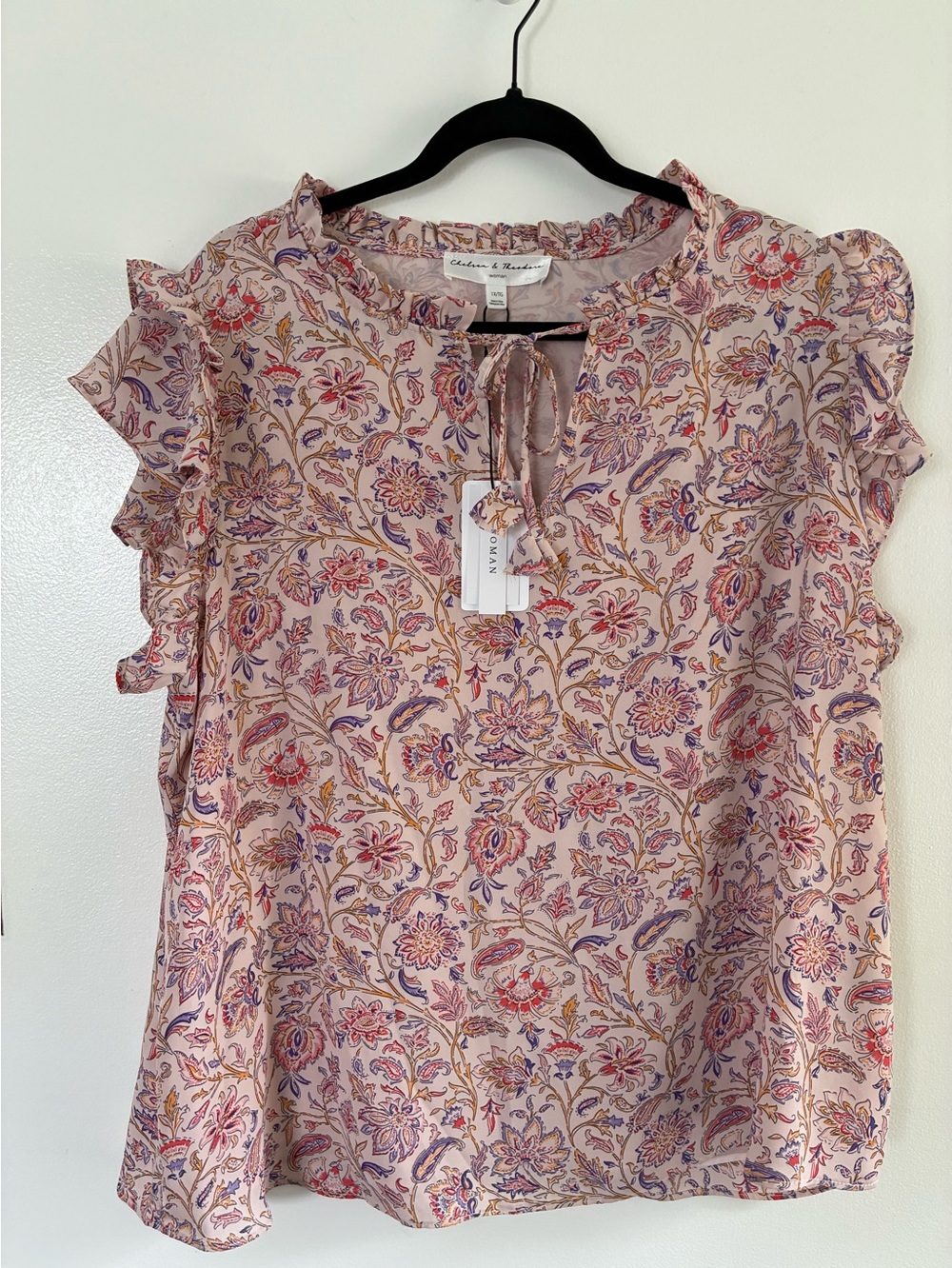 Chelsea & Theodore Pink Floral Ruffle Tie-Neck Blouse